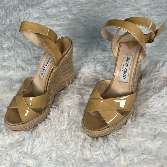Jimmy Choo | Beige Patent Leather Phönix Espadrille Wedge Sandals - Picture 1 of 13